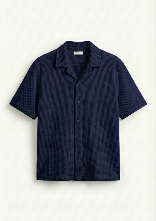 Waffle Knit Cuben Collar Shirt - Navy blue