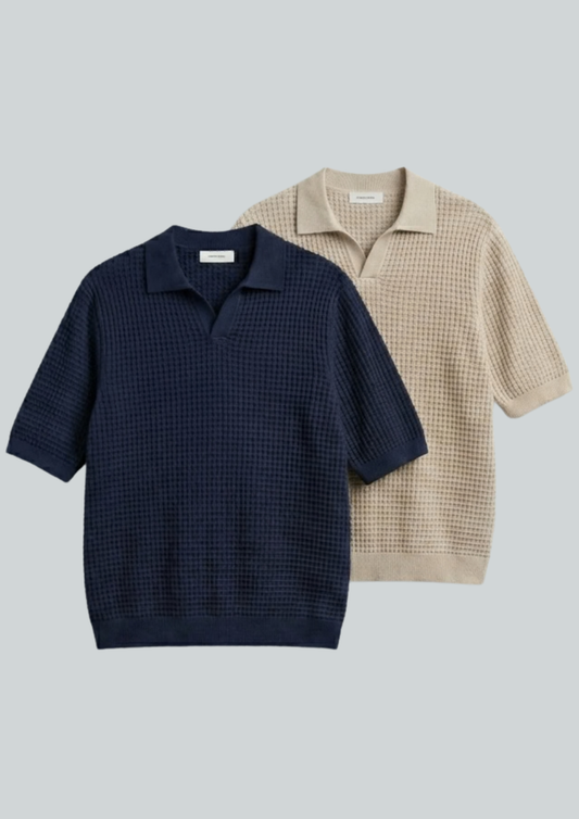 2 Piece Waffle Knit Polo T-Shirt (Navy Blue – Desert Sand)