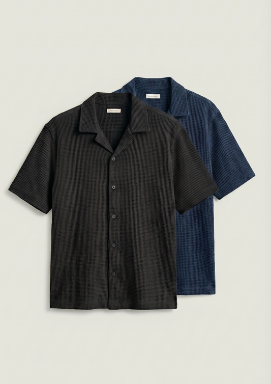 Pack Of 2 Waffle Knit Cuben Collar Shirt - (Black – Navy Blue)