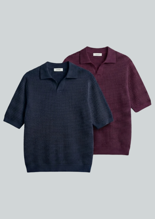 2 Piece Waffle Knit Polo T-Shirt (Navy Blue – Midnight Plum)