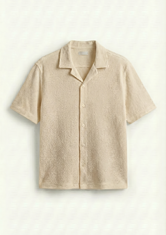 Waffle Knit Cuben Collar Shirt - cream