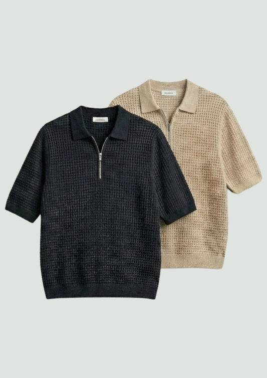 Pack of 2 – Waffle Knit Zipper Polo - (Black – Desert Sand)