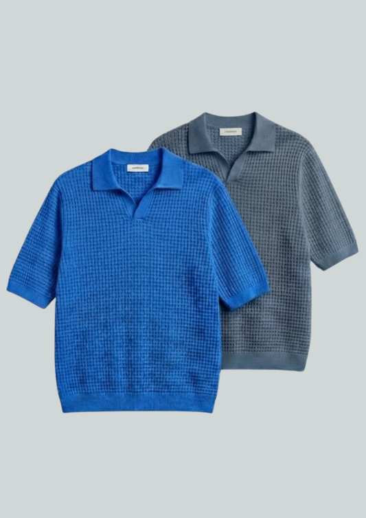 2 Piece Waffle Knit Polo T-Shirt (Dodger Blue – Steel Blue)