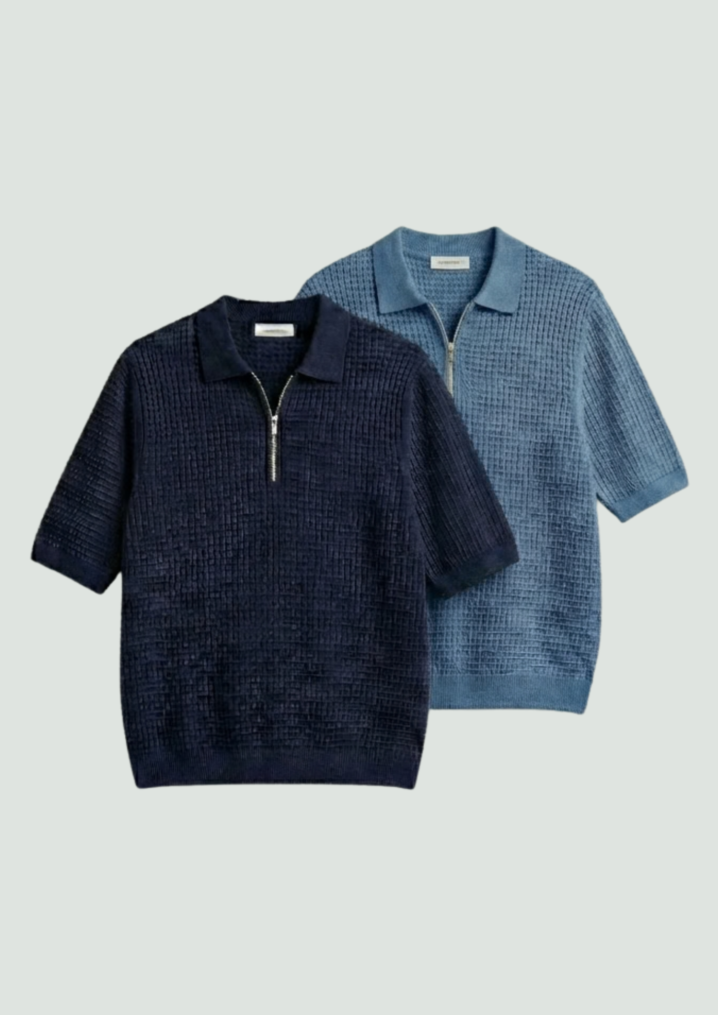 Pack of 2 – Waffle Knit Zipper Polo - (Navy Blue – Steel Blue)