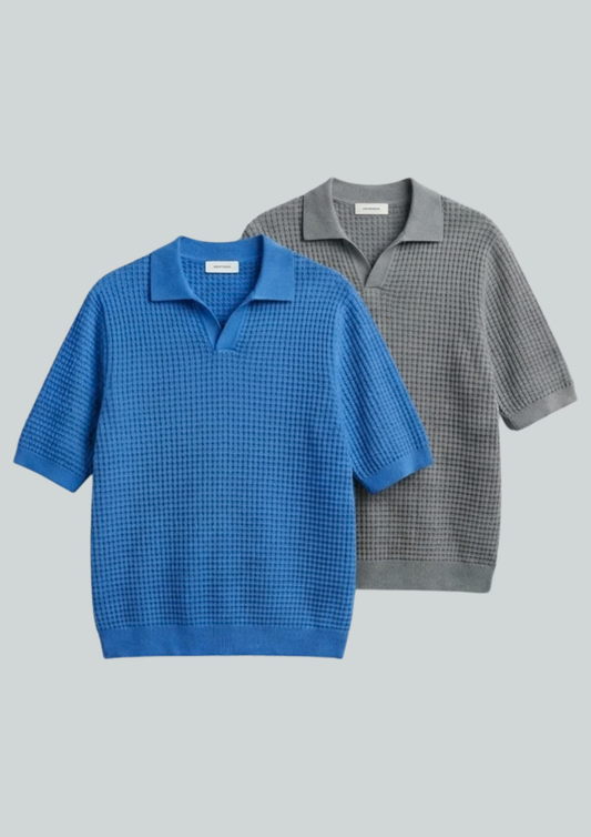 2 Piece Waffle Knit Polo T-Shirt (Dodger Blue – Steel Gray)