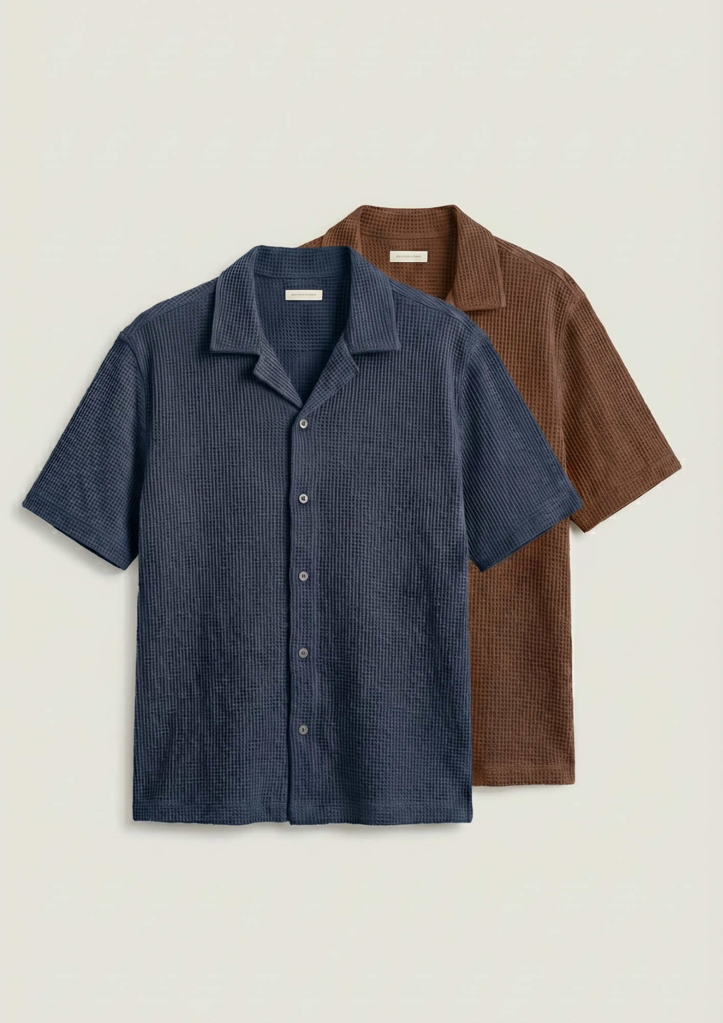 Pack Of 2 Waffle Knit Cuben Collar Shirt -(Navy Blue – Brown)