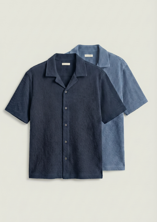 Pack Of 2 Waffle Knit Cuben Collar Shirt -(Navy Blue – Steel Blue)