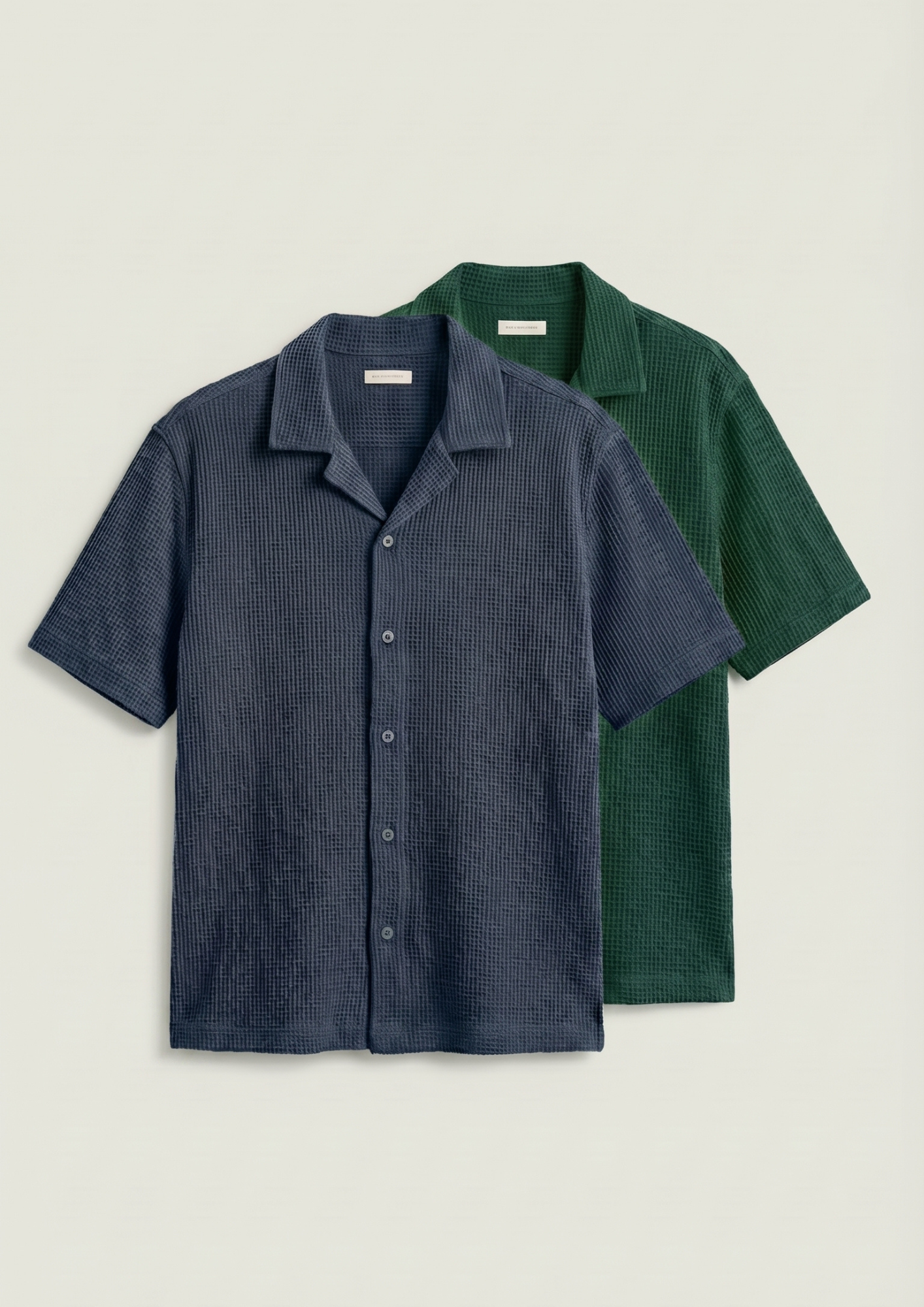 Pack Of 2 Waffle Knit Cuben Collar Shirt -(Navy Blue – Bottle Green)
