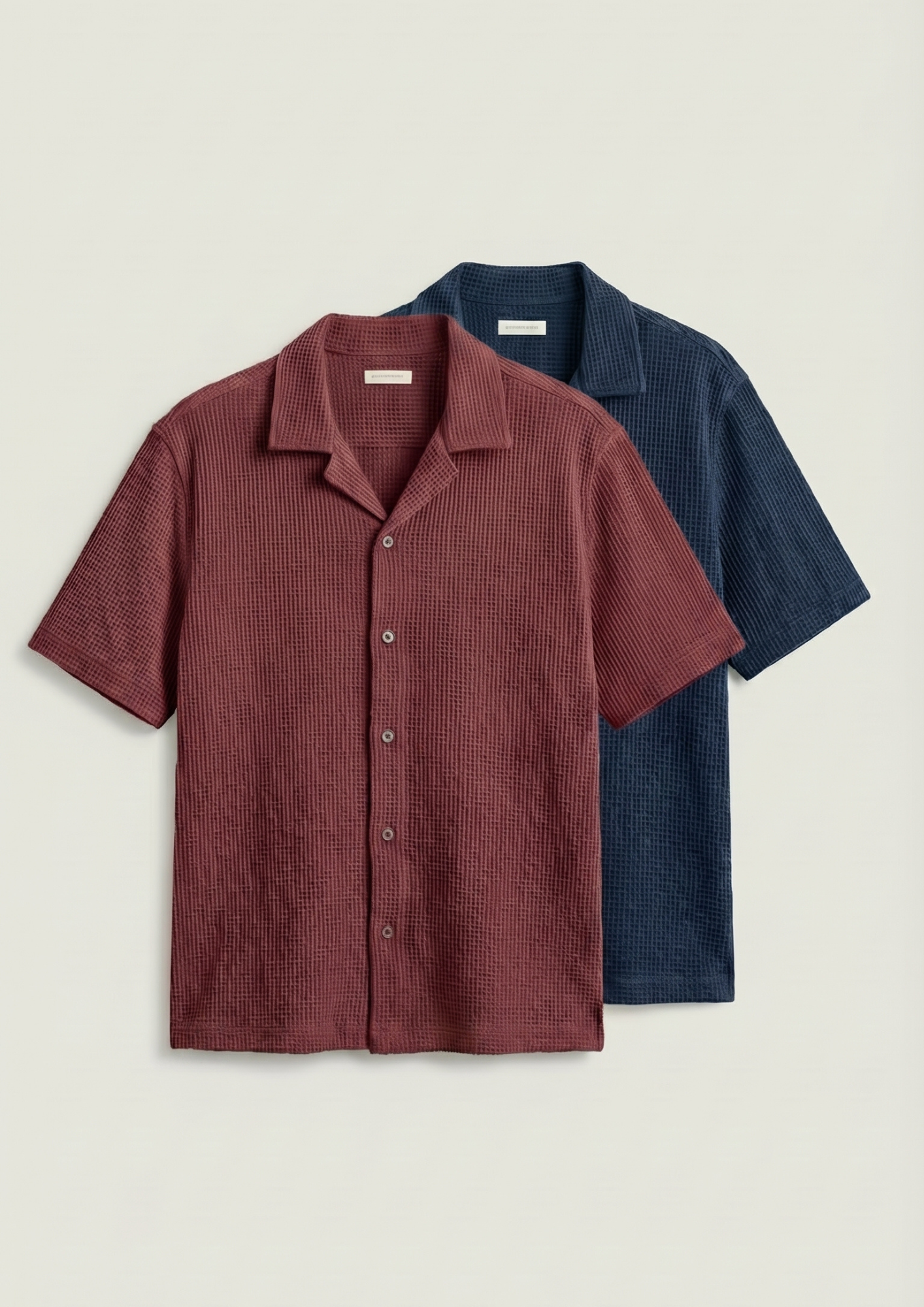 Pack Of 2 Waffle Knit Cuben Collar Shirt -(Navy Blue – Maroon)