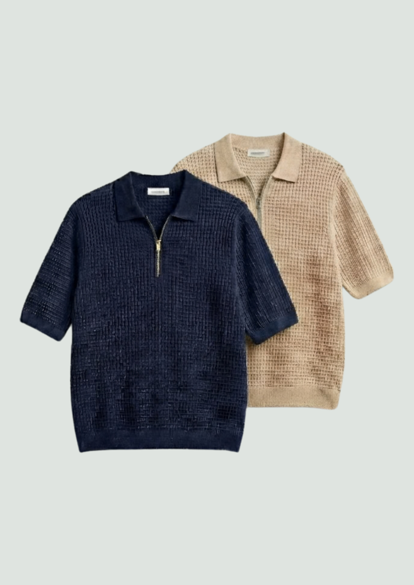 Pack of 2 – Waffle Knit Zipper Polo - (Navy Blue – Desert Sand)