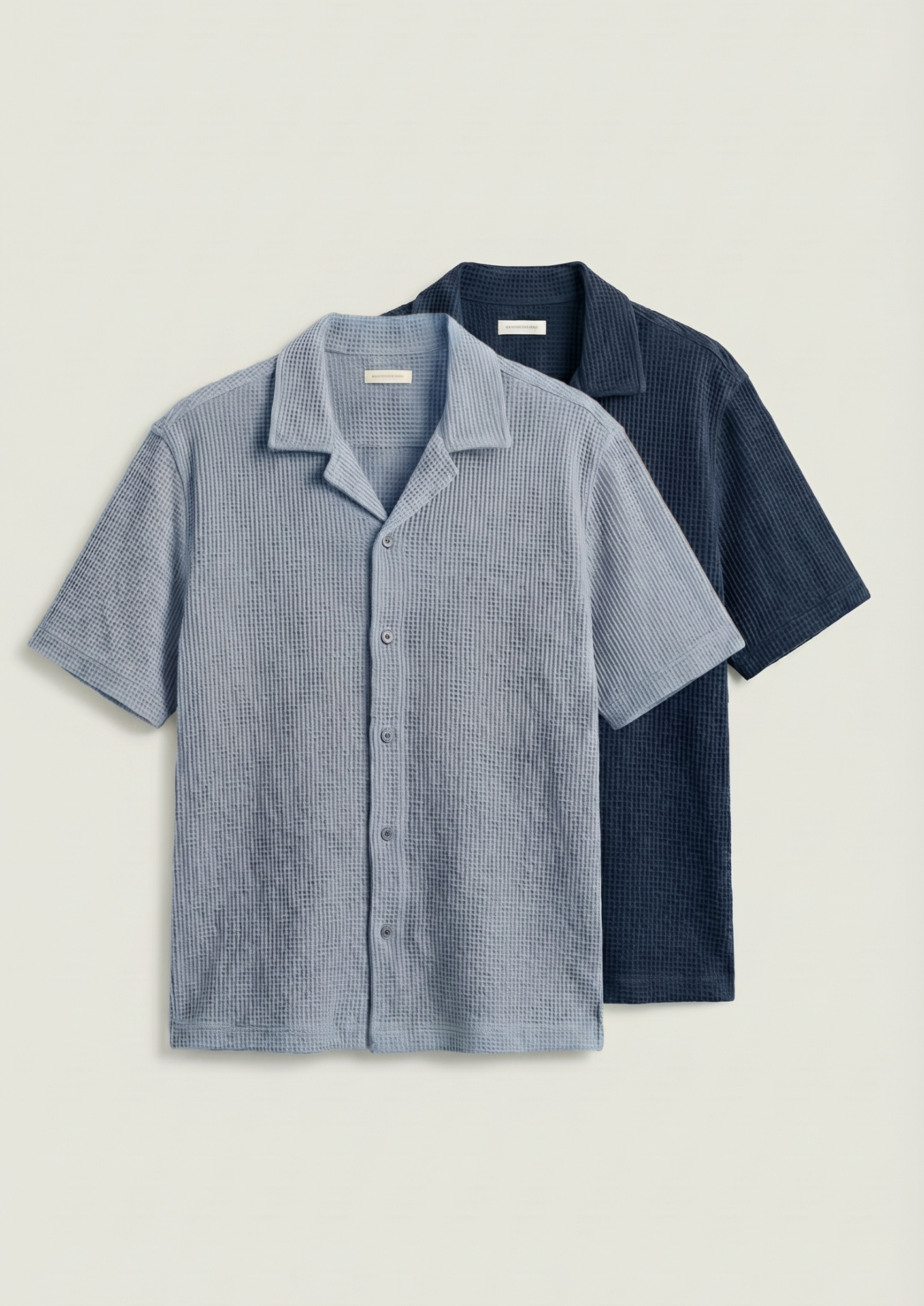 Pack Of 2 Waffle Knit Cuben Collar Shirt -(Navy Blue – Light Blue)