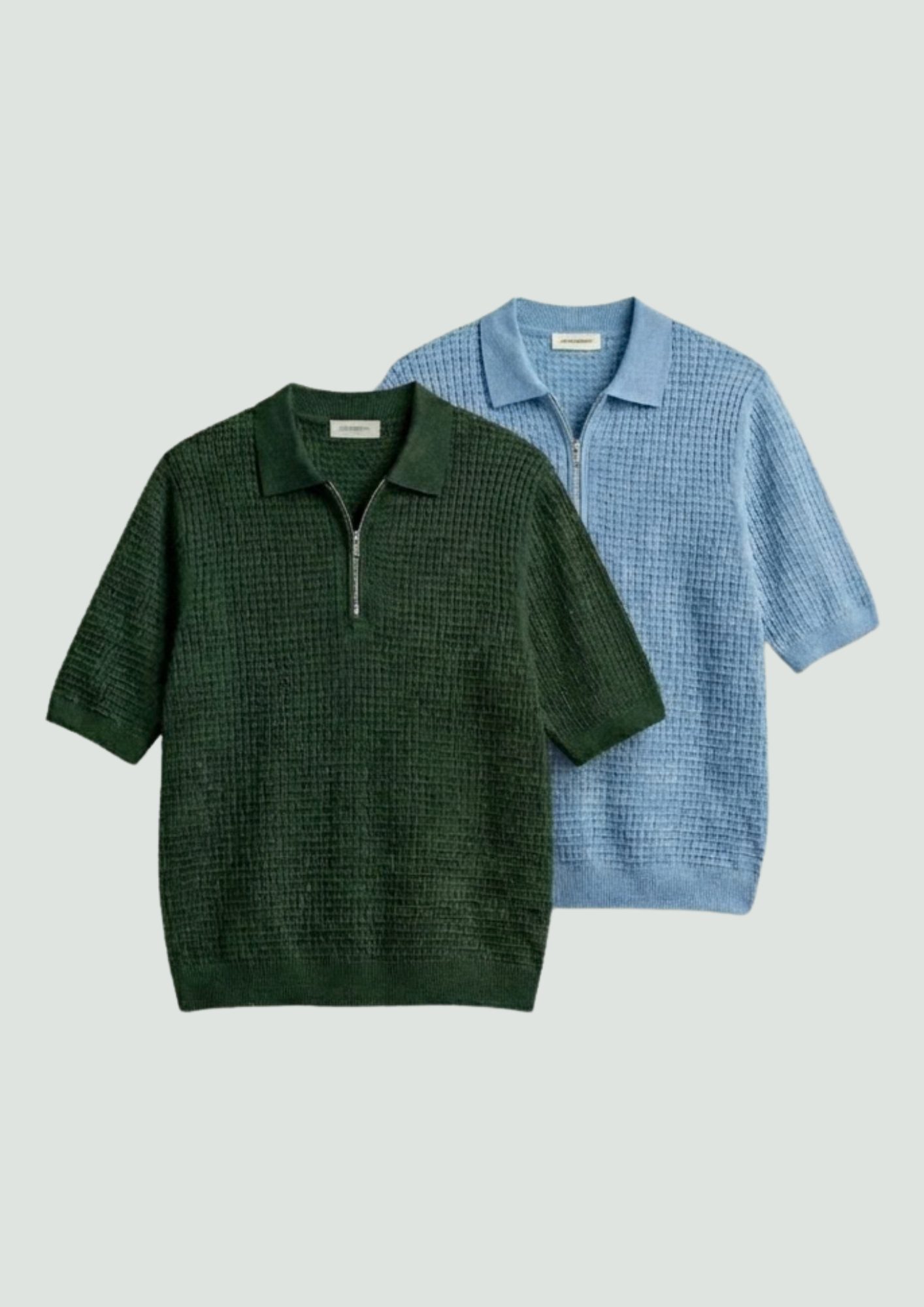 Pack of 2 – Waffle Knit Zipper Polo - (Bottle Green – Light Blue)
