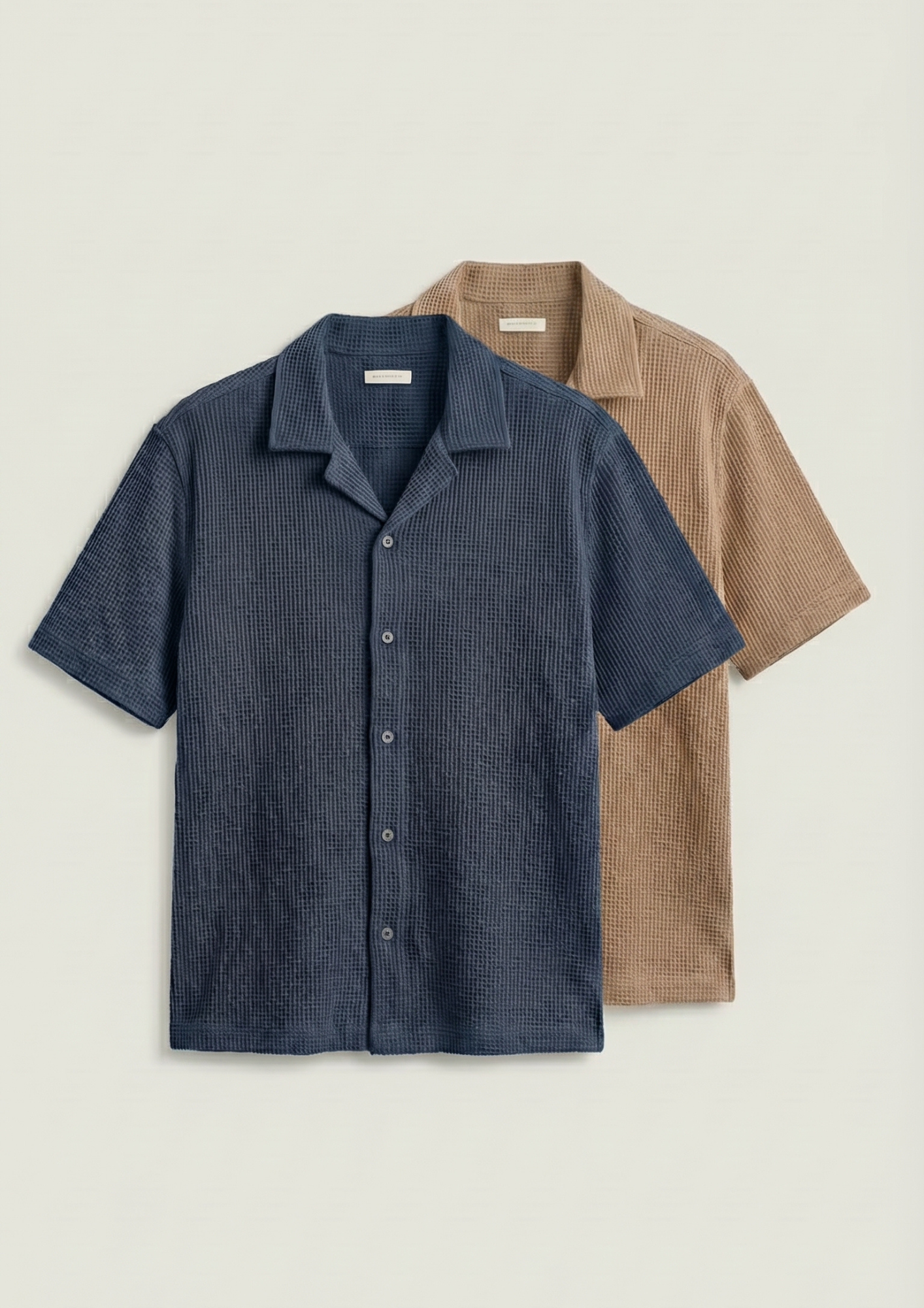 Pack Of 2 Waffle Knit Cuben Collar Shirt -(Navy Blue – Desert Sand)