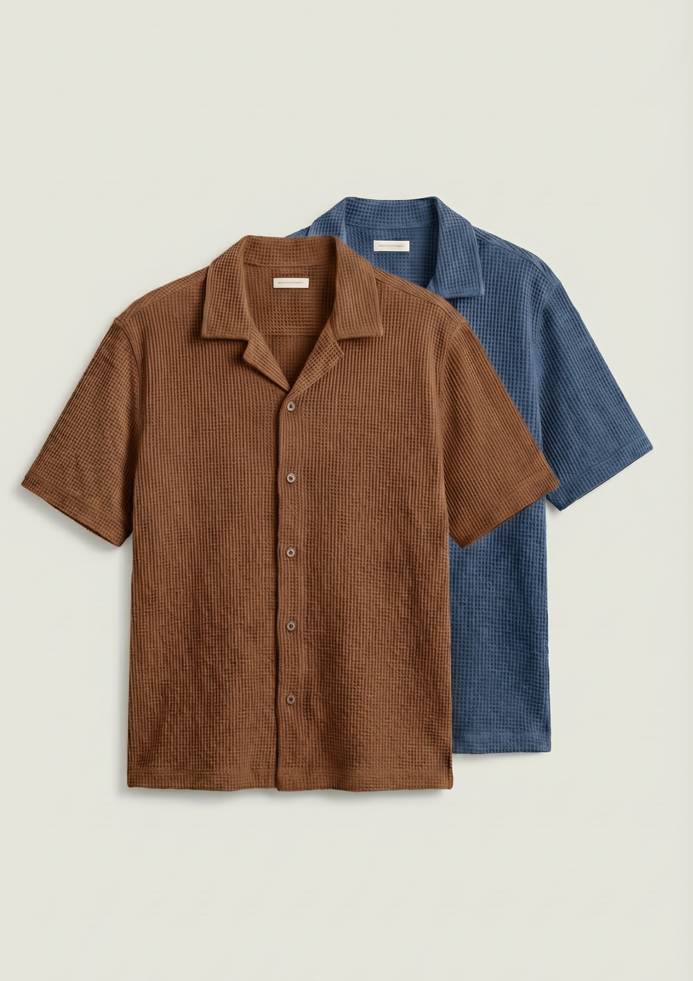 Pack Of 2 Waffle Knit Cuben Collar Shirt -(Brown – Steel Blue)