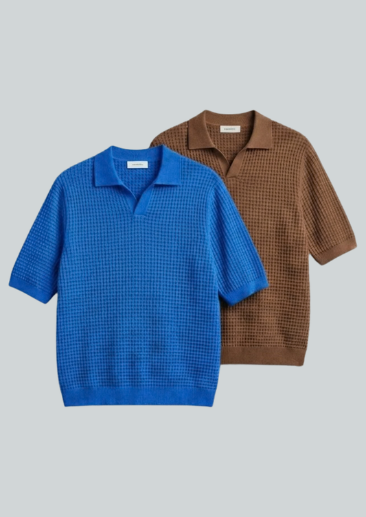 2 Piece Waffle Knit Polo T-Shirt (Dodger Blue – Mocha)