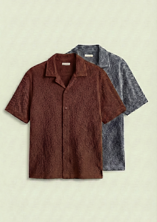 Pack Of 2 Waffle Knit Cuben Collar Shirt -(Brown – Steel Gray)
