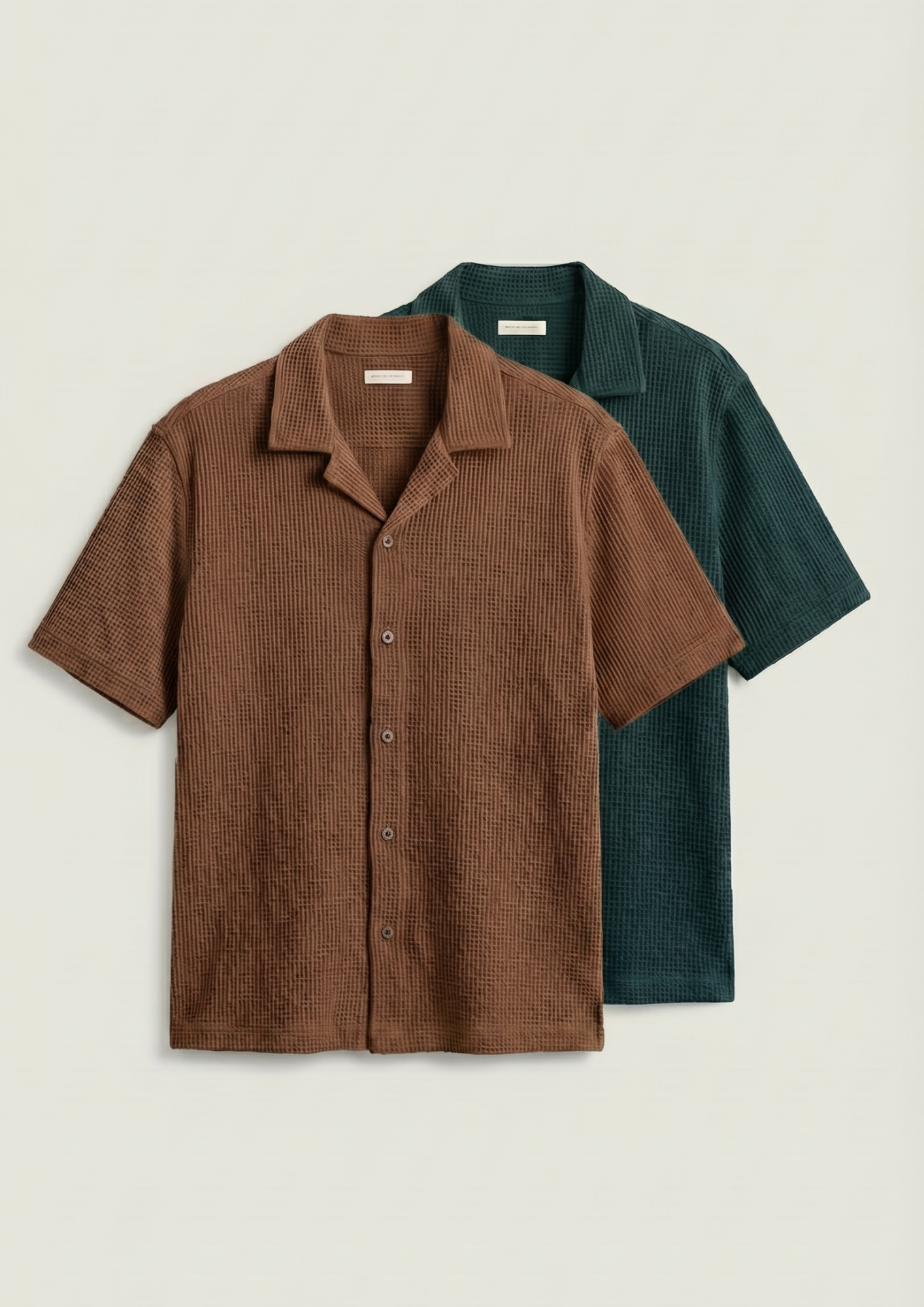 Pack Of 2 Waffle Knit Cuben Collar Shirt -(Brown – Bottle Green)