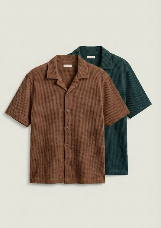 Pack Of 2 Waffle Knit Cuben Collar Shirt -(Brown – Bottle Green)