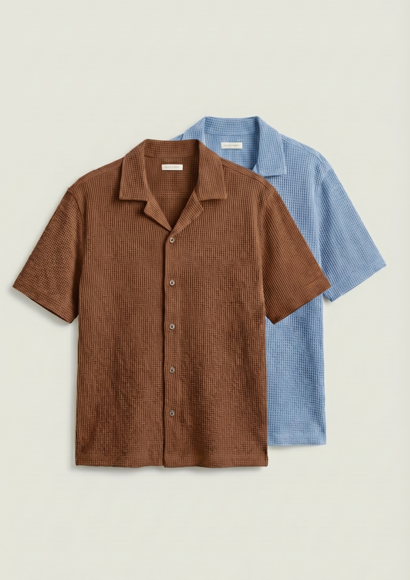 Pack Of 2 Waffle Knit Cuben Collar Shirt -(Brown – Light Blue)
