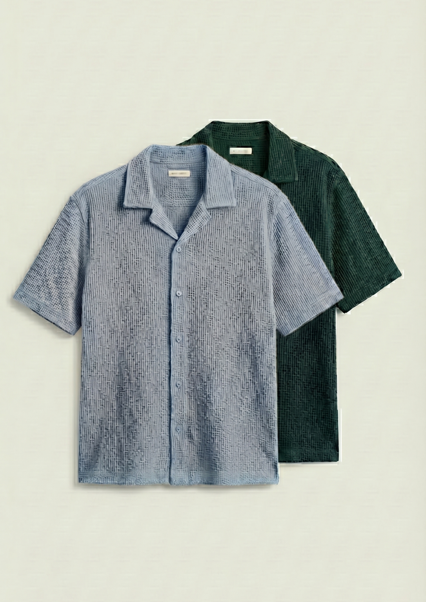 Pack Of 2 Waffle Knit Cuben Collar Shirt -(Bottle Green – Light Blue)