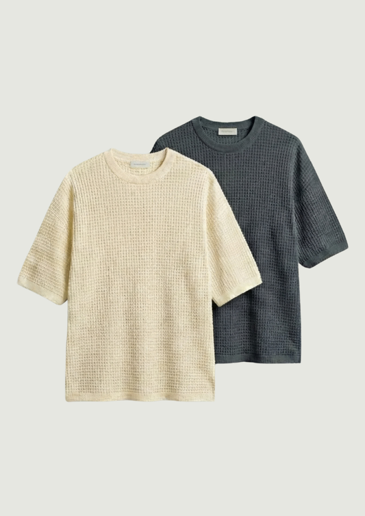 Pack of 2 – Waffle Knit Oversized Tees - (Cream – Charcoal)