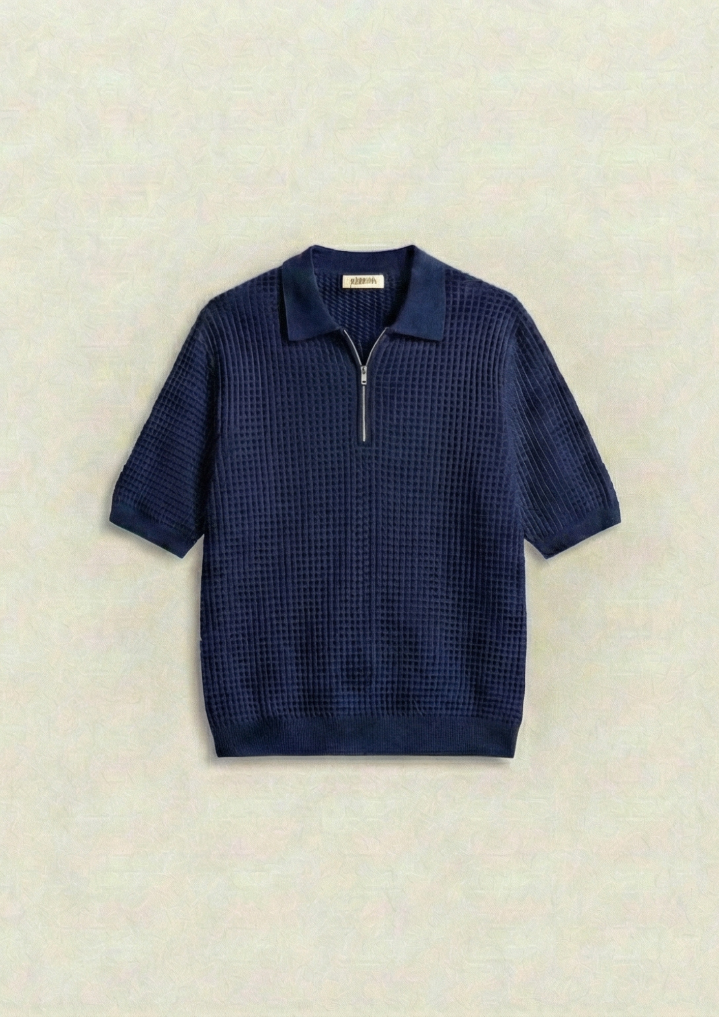 Waffle Knit Zipper Polo T-Shirt - Navy Blue