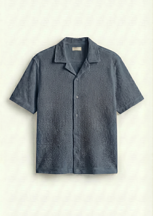 Waffle Knit Cuben Collar Shirt -Steal blue