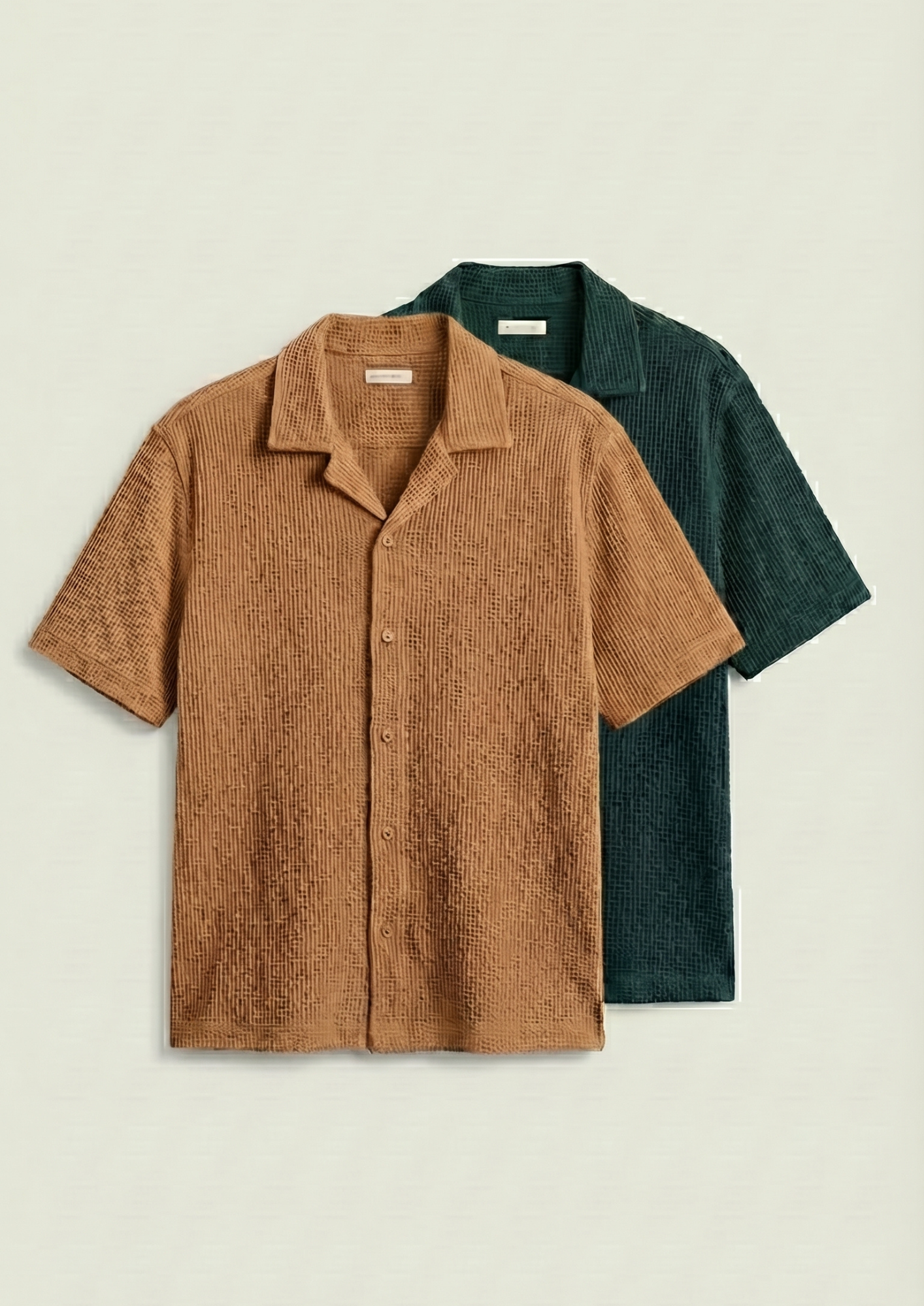 Pack Of 2 Waffle Knit Cuben Collar Shirt -(Bottle Green – Desert Sand)