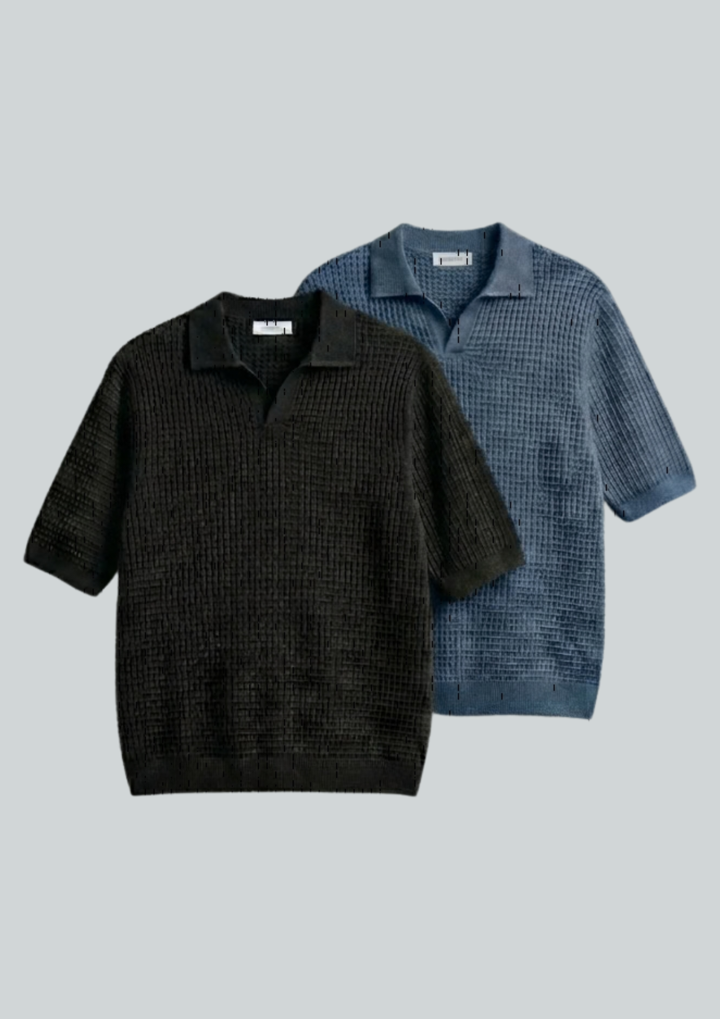 2 Piece Waffle Knit Polo T-Shirt (Black – Steel Blue)