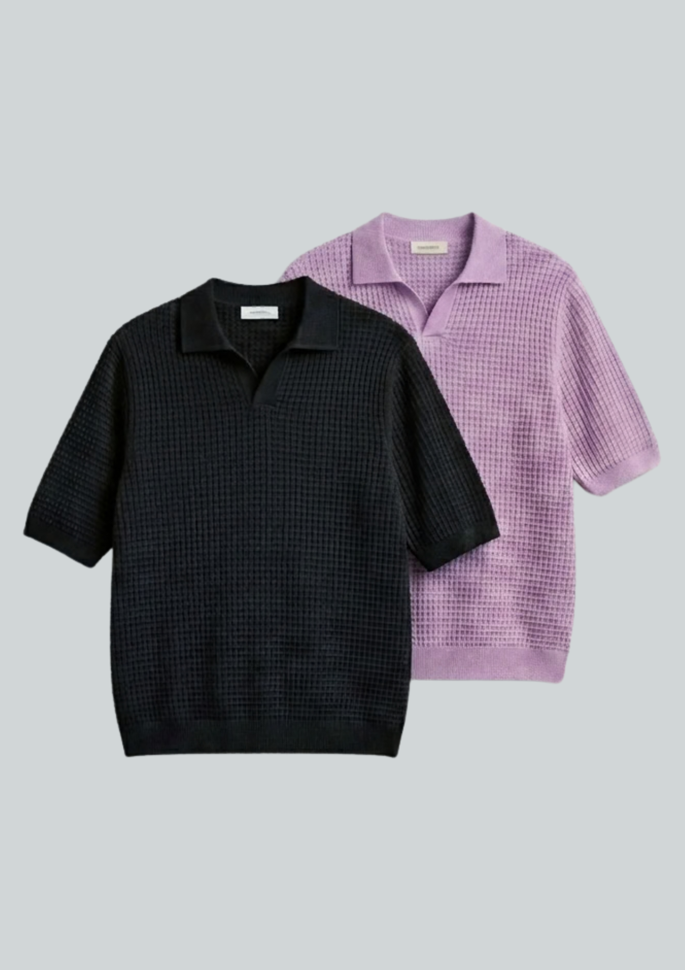 2 Piece Waffle Knit Polo T-Shirt (Black – Lilac)