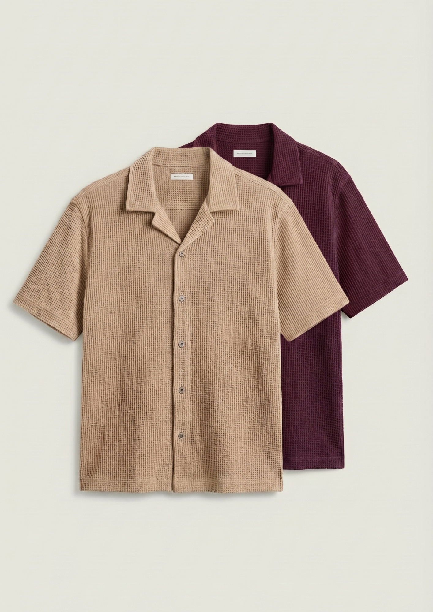 Pack Of 2 Waffle Knit Cuben Collar Shirt -(Maroon – Desert Sand)