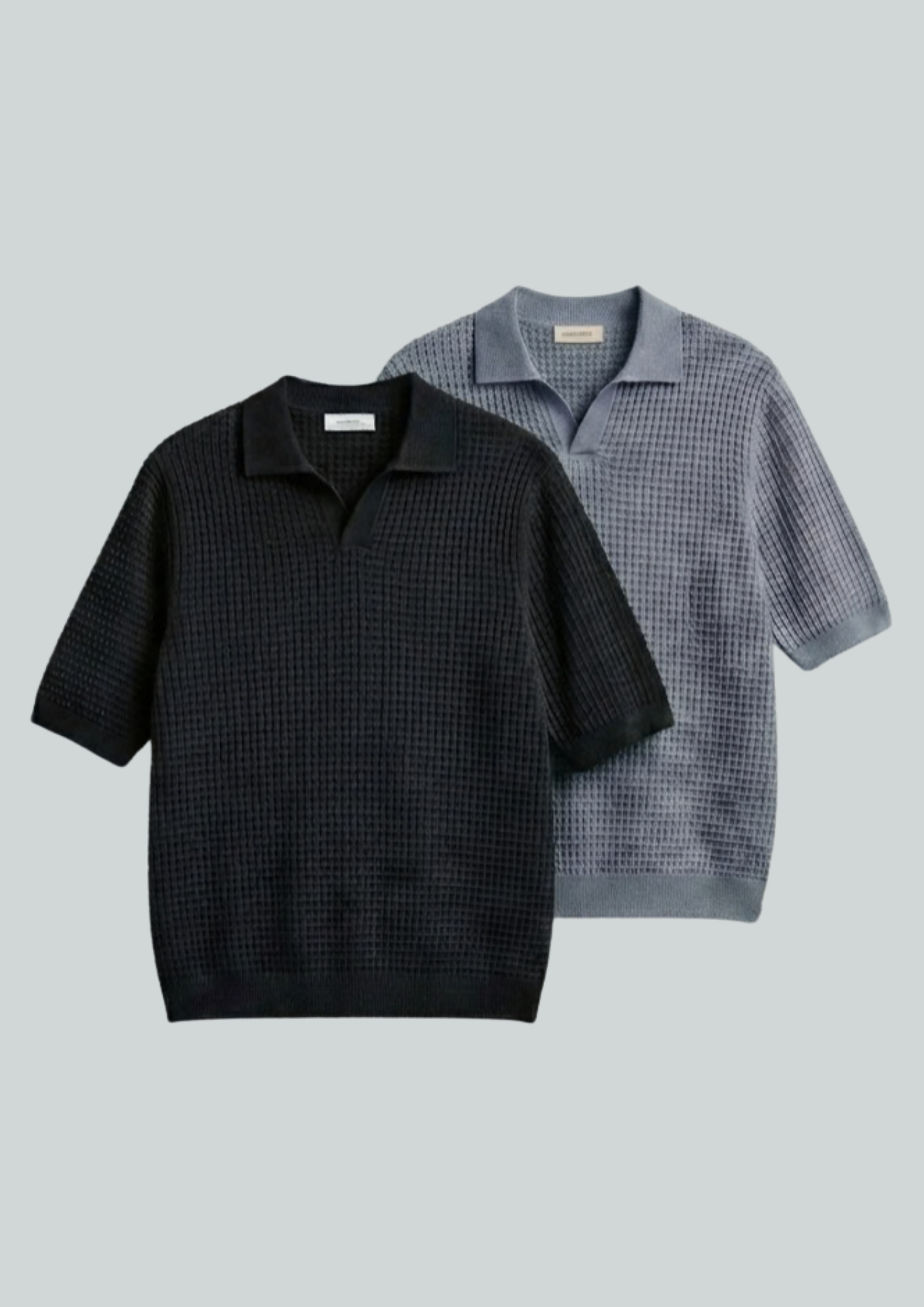 2 Piece Waffle Knit Polo T-Shirt (Black – Steel Gray)