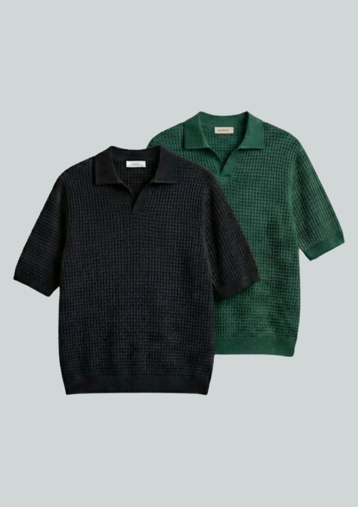 2 Piece Waffle Knit Polo T-Shirt (Black – Bottle Green)