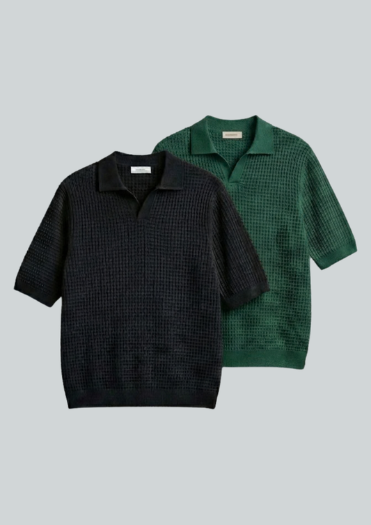 2 Piece Waffle Knit Polo T-Shirt (Black – Bottle Green)