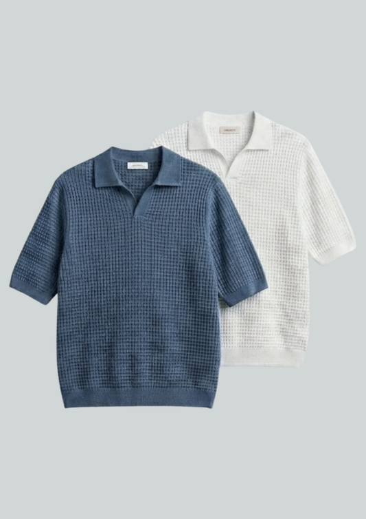 2 Piece Waffle Knit Polo T-Shirt (White – Steel Blue)