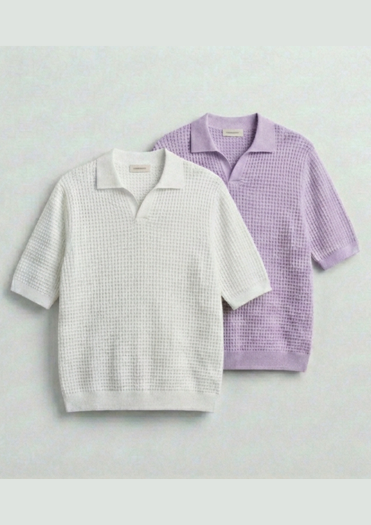 2 Piece Waffle Knit Polo T-Shirt (White – Lilac)