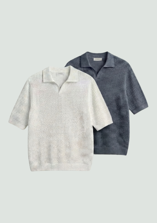 2 Piece Waffle Knit Polo T-Shirt (White – Steel Gray)