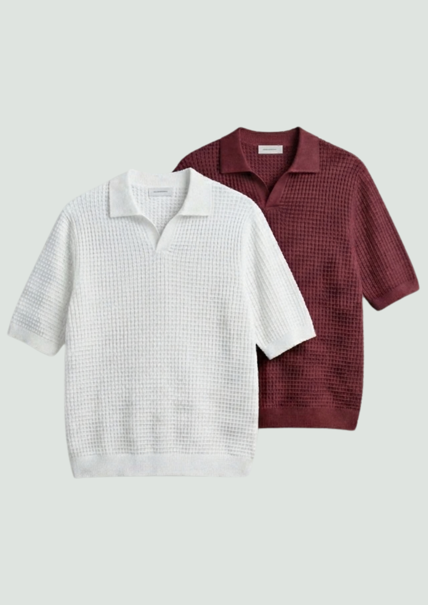 2 Piece Waffle Knit Polo T-Shirt (White – Maroon)