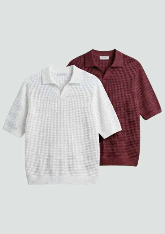 2 Piece Waffle Knit Polo T-Shirt (White – Maroon)