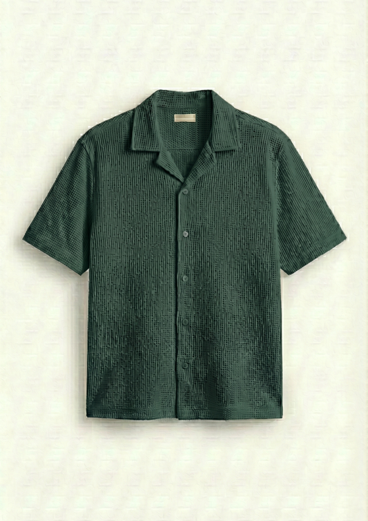 Waffle Knit Cuben Collar Shirt -bottel green