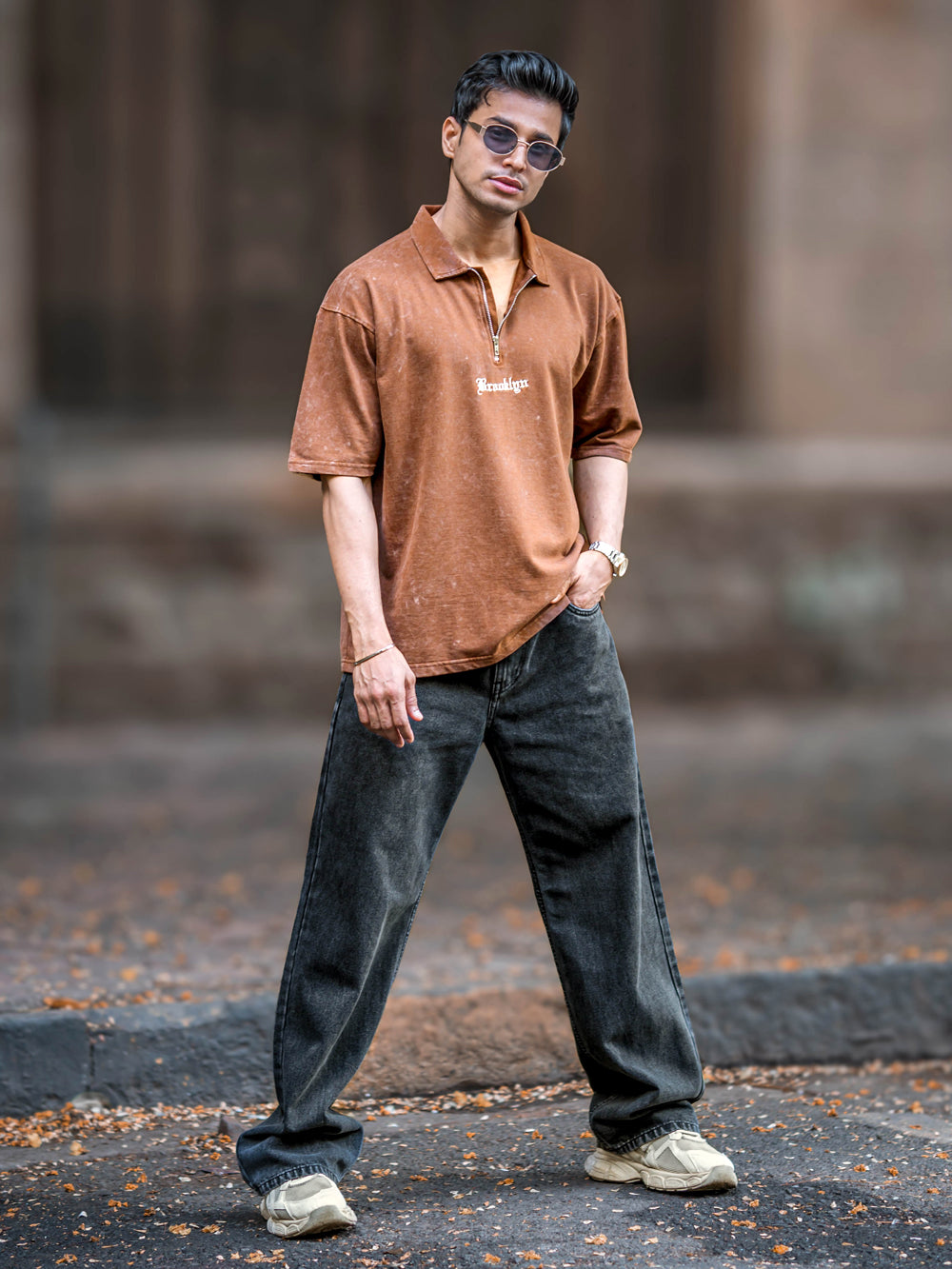 Washed Brooklyn Brown Half Sleeve Polo T-Shirt