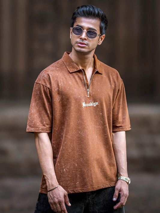 Washed Brooklyn Brown Half Sleeve Polo T-Shirt