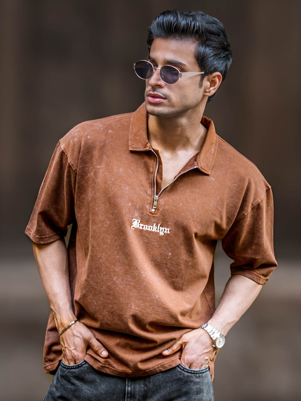 Washed Brooklyn Brown Half Sleeve Polo T-Shirt