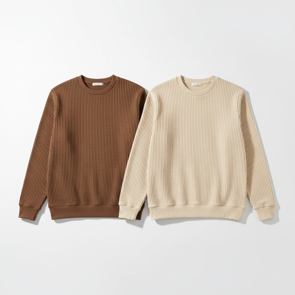 2 Pieces Waffle Knit Tees ( BROWN & CREAM )