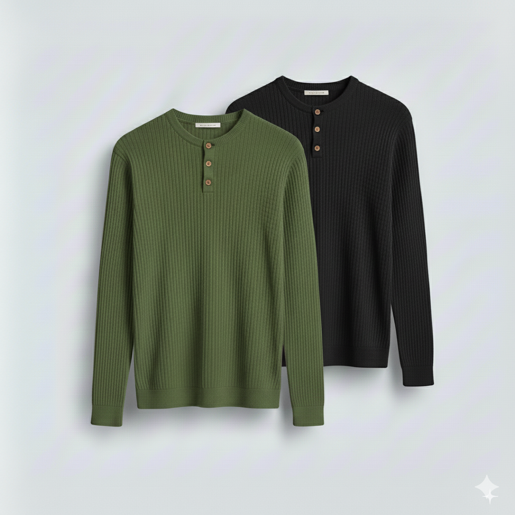 2 Pieces Waffle Knit Henley Pack ( Military Green + Black )