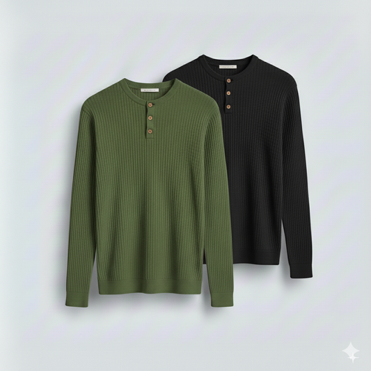 2 Pieces Waffle Knit Henley Pack ( Military Green + Black )