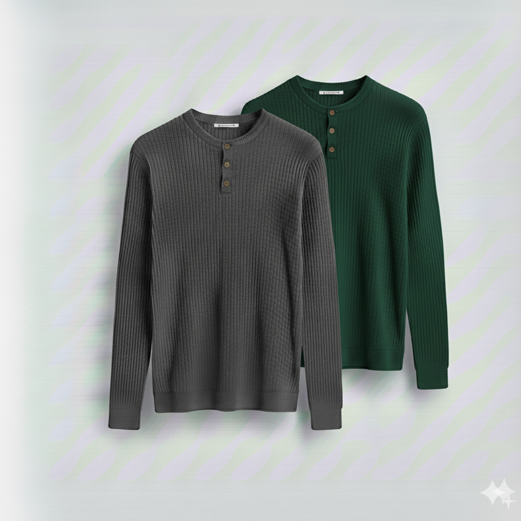 2 Pieces Waffle Knit Henley Pack ( Charcoal + Forest Green )