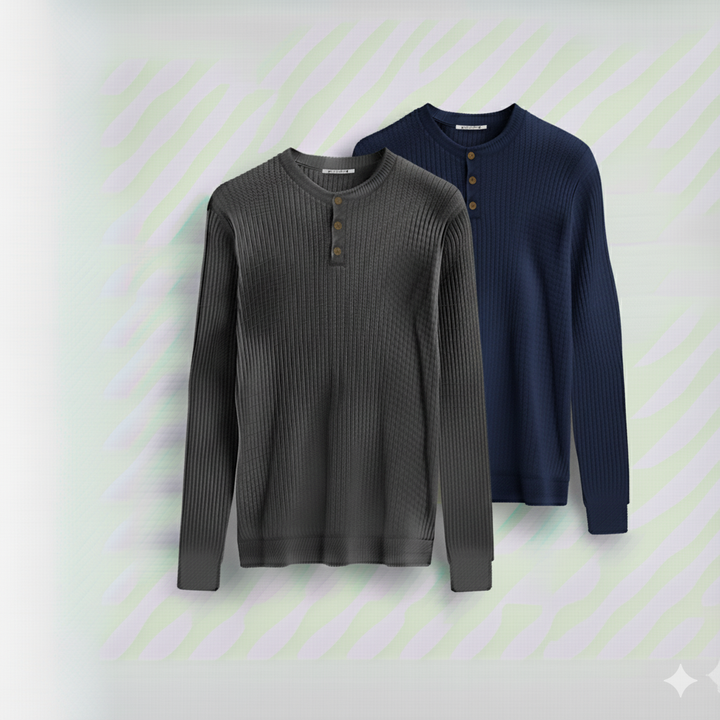 2 Pieces Waffle Knit Henley Pack ( Charcoal + Navy )
