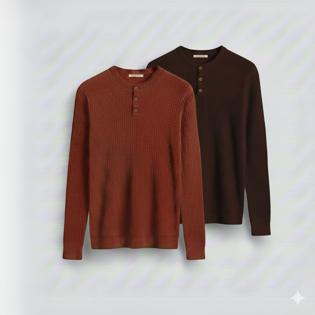 2 Pieces Waffle Knit Henley Pack (  Rust + Dark Brown )