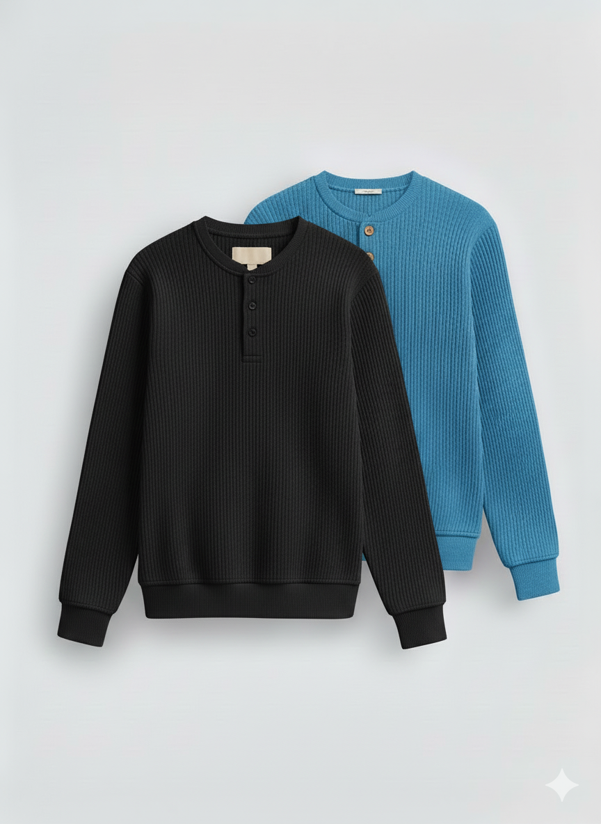 2 Pieces Waffle Knit Henley Pack ( Sky Blue + Black )